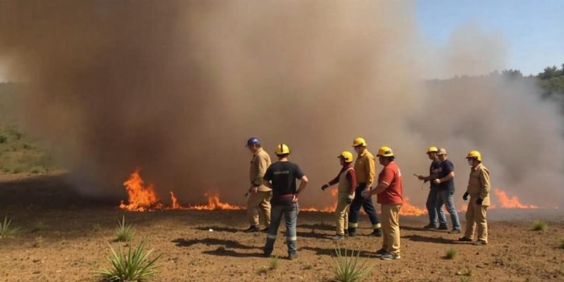 Grupo em treinamento de brigada de incêndio com extintores e EPI