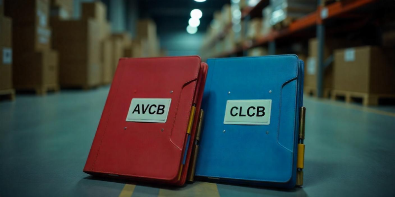 Pasta vermelha com etiqueta AVCB ao lado de pasta azul com etiqueta CLCB